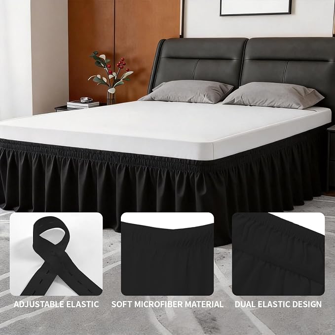 ANARACHON Queen Bed Skirt, Elastic Wrap Around Bed Skirt Queen Size, Bed Skirts for Adjustable Bed, Easy Fit with 14" Drop Length Tailored Drop Dust Ruffle (Black)