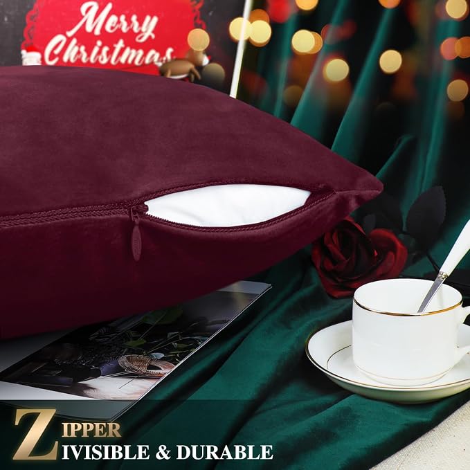BRAWARM Christmas Pillow Cover 18 X 18 Inches, Burgundy Reindeer Embroidered Pillow Cover, Soft Velvet Decorative Throw Pillow for Couch Bed Sofa Living Room Home