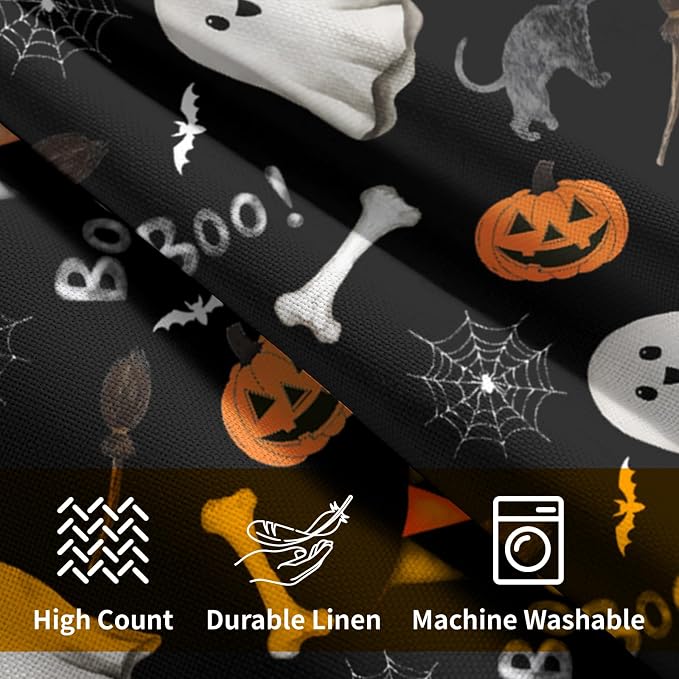 Halloween Throw Pillow Covers 16X16 Inch 2 Packs Boo Cute Ghost Orange Pumpkins Bat Web Decorative Black Pillow Cases Holiday Cotton Linen Cushion Cover for Home Sofa Porch Outdoor Decor