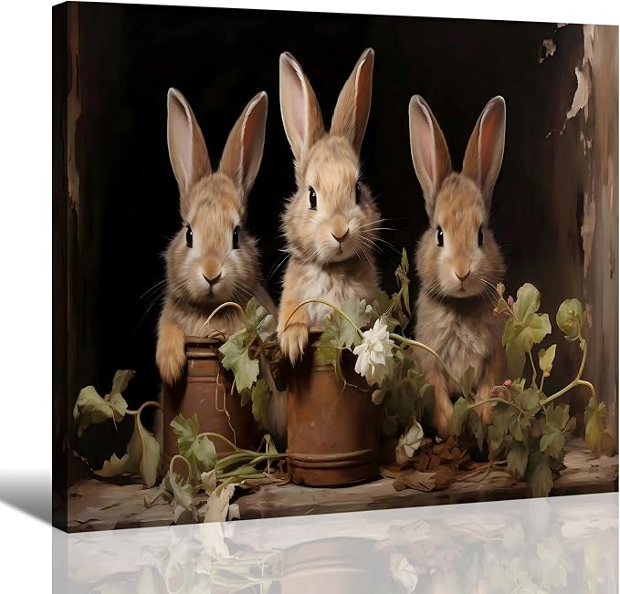 Farmhouse Easter Bunny & Floral Canvas Art 16x24, Rustic Rabbit Poster Prints Wall Decor for Bathroom, Living Room, Home Office, Bedroom, Spring Bunny Wall Art Holiday Decoration