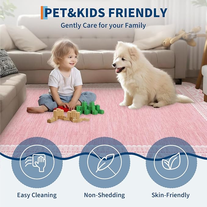COZYLOOM 9x12 Lace Border Area Rug for Bedroom, Scalloped Large Living Room Rug with Non Slip Backing, Non Shedding Modern Solid Color Area Rugs Stain Resistant Low Pile Mats for Kids Room, Pink