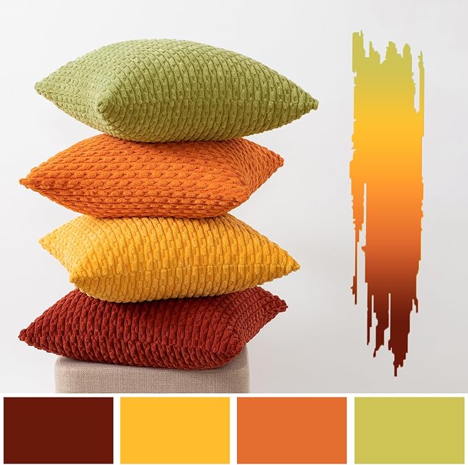 Kevin Textile Spring Decorative Pillow Covers 18x18 Inch Set of 4 Soft Boho Corduroy Throw Pillow Cases Mix and Match Colors Plush Texture Pillows for Sofa Couch Bedroom Home Decor Cream Green/Orange