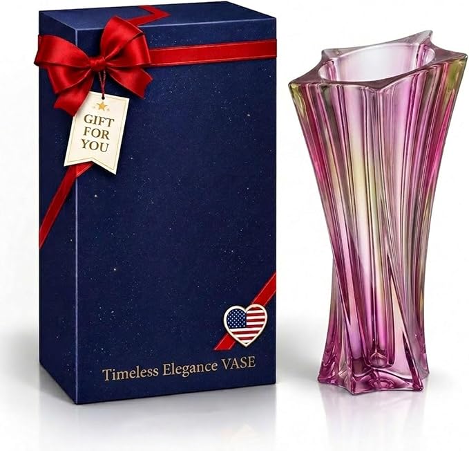 Crystal Glass Vase – Heavy Crystal Vase for Flowers with Weighted Bottom, Thick Durable Decorative Vases for Modern Home Decor, 9.8″ 3.5lb Clear Centerpiece (Gradient Pink)