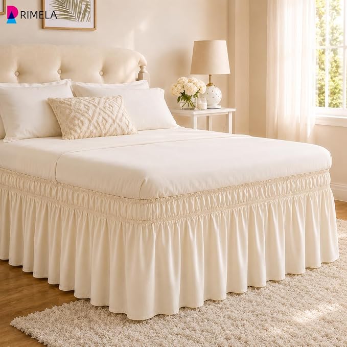 Light Beige Bed Skirt King Size 18" Drop, Elastic Wrap Around Bedskirt | Solid Ruffled, Easy to Use, No Mattress Lifting, Wrinkle & Fade Resistant, with Adhesive Strips, Machine Wash/Dry/Iron
