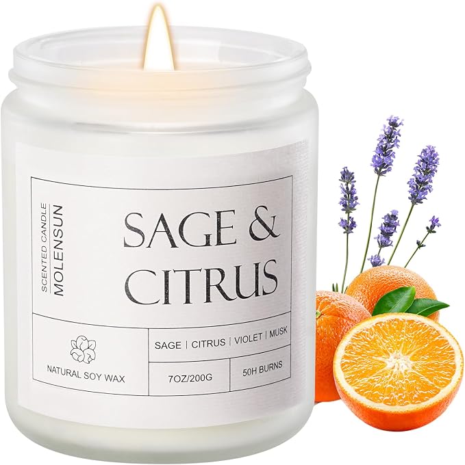 Molensun Sage Citrus Scented Candle, Soy Wax 7 oz | Fresh sage and citrus aromatherapy fragrance; 50H burn long-lasting jar candle; Gift for women