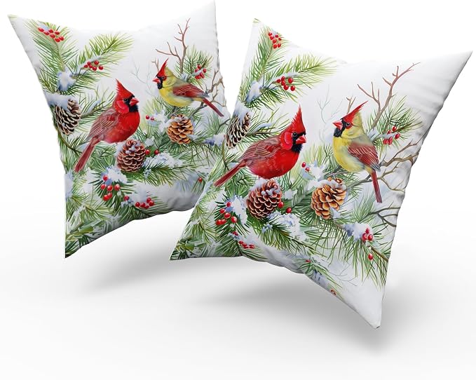 Giwawa Winter Birds Pillow Covers Set of 2 20x20 Inch Christmas Trees Holly Berry Pine Cones Xmas Snow Scene Square Cushion Cases Double Sided for Sofa Patio Porch Holiday Bed Decor
