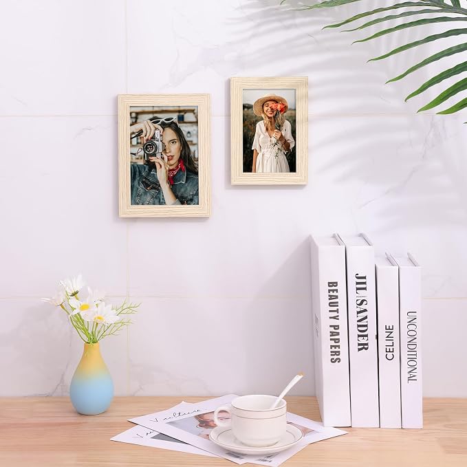 Vittanly 5x7 Picture Frames Set of 9 for Wall or Tabletop Display, OAK | Display Pictures 4x6 with Mat or 5x7 without Mat, Small Photo Frames, Engineered Wood with Shatter Resistant Plexiglass