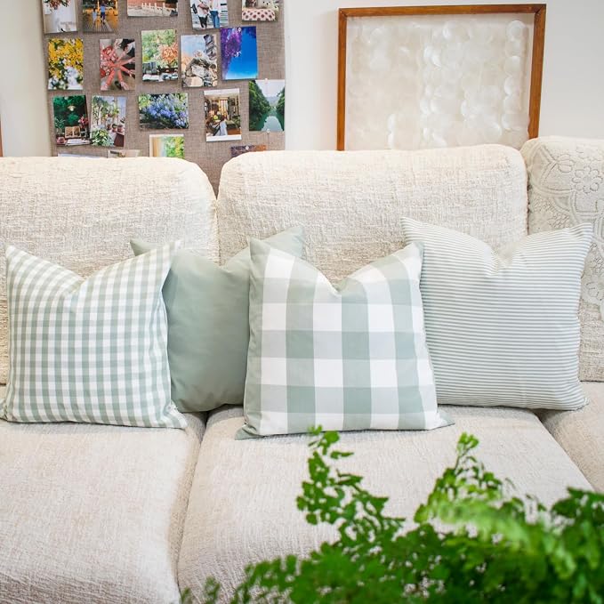 HOPLEE Farmhouse Sage Green Pillow Covers 18x18 Cushion Cover with Buffalo Plaid, Solid Sage Green, Striped and Gingham Plaid Design 18x18 inch,4 Pack