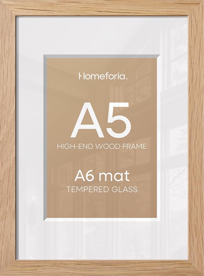 Homeforia A5 Natural Oak Picture Frame, High-End Wood, A6 Mat, Glass