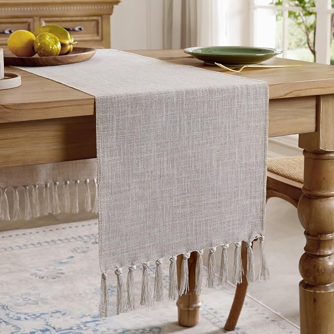 Cotton Linen Table Runner, 13x108 Inch Coffee with Hand Tassels | Linen Style Rustic Farmhouse Table Runners 108 Inches Long for Home Dresser Kitchen Dining Table Decor, Machine Wash