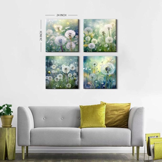 Dandelion Canvas Wall Art Nature Floral Artworks for Living Room Bathroom Decorations White Dandelion Pictures Flower Canvas Prints Framed Painting Bedroom Bathroom Wall Decor Ready To Hang 24x24"4Pcs