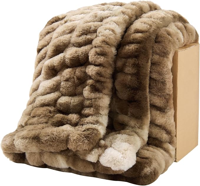 Lotus Karen Faux Fur Throw Blanket, 900 GSM Dual-Sided Soft Ruched Twin Blanket for Couch, Fluffy Cozy Fuzzy Plush Throw Gifts for Women Man Bedroom Living Room (Tie-Dye Dark Coffee, 60"x80")