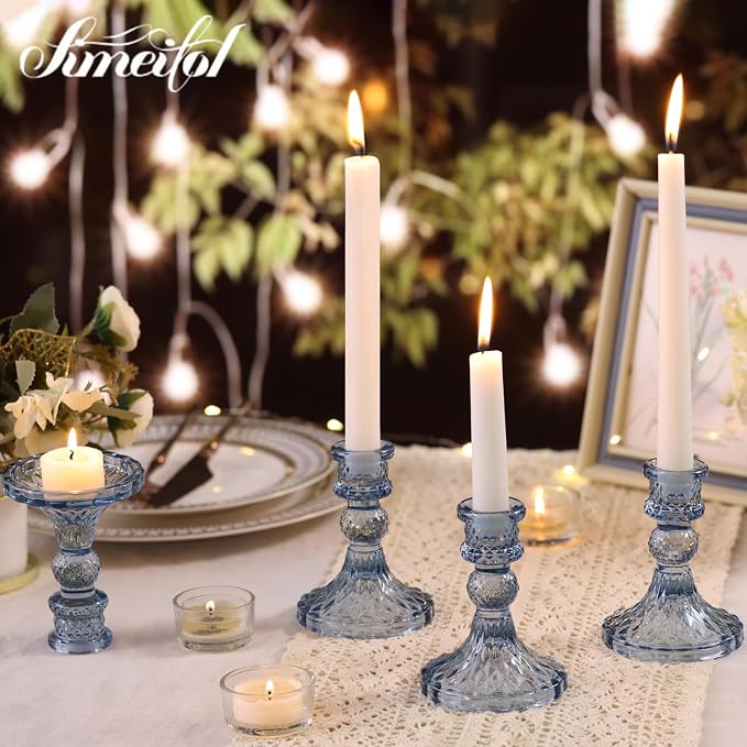 Glass Candle Holder Set of 12, Blue Taper Candle Holders Bulk | Vintage Candlestick Holders, Candle Stick Holder for Table Centerpieces, Wedding, Festival & Home Decor