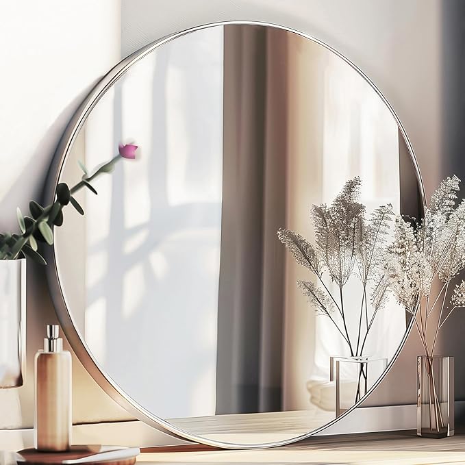 Circle Mirror 26 inch, Chrome Wall Mirror, Brushed Metal Frame | High Definition Mirror, Easy installation, Rust-resistant, Suitable for Bedroom, Entryway, Living Room, Hallway, Wall Décor