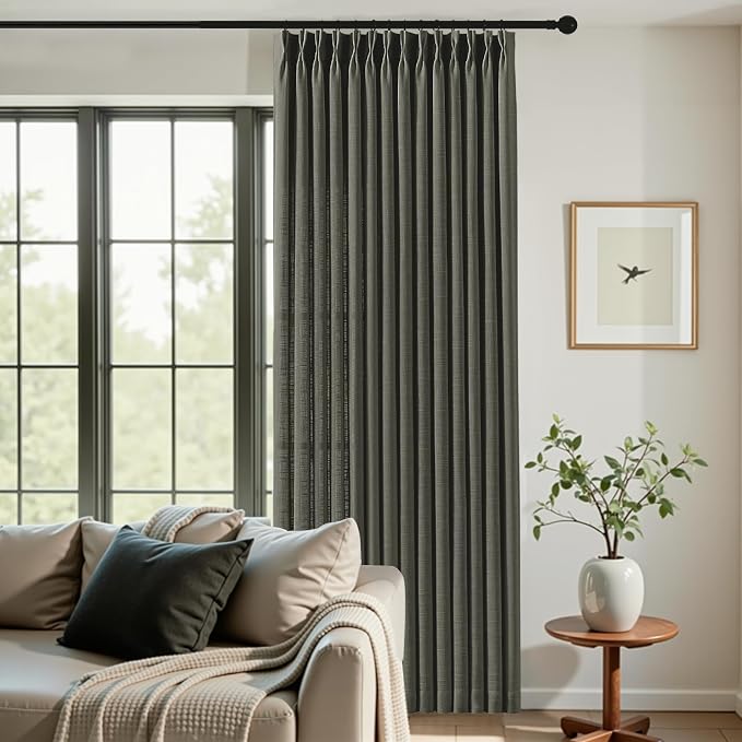 84 Inch Linen Pinch Pleated Sheer Light Filtering Curtains for Living Room | Semi Sheer, Farmhouse, Semi Sheer, Pinch Pleat, Linen Blend, Hook Ring, Memory Shape, W40xL84, 2 Panels, Charcoal Grey