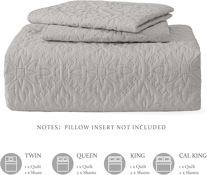 Exclusivo Mezcla California King Quilt Set, Light Grey | Lightweight Soft Bedspreads Coverlets, All Season Bedding with 2 Pillow Shams, Modern Style for Bedroom Guest Room