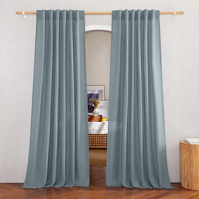 NICETOWN Thick Linen Stone Blue Curtains for Living Room, Rod Pocket & Back Tab Flax Linen Burlap Vertical Drapes Privacy Assured with Light Filtering for Bedroom, W55 x L84, 2 Pieces
