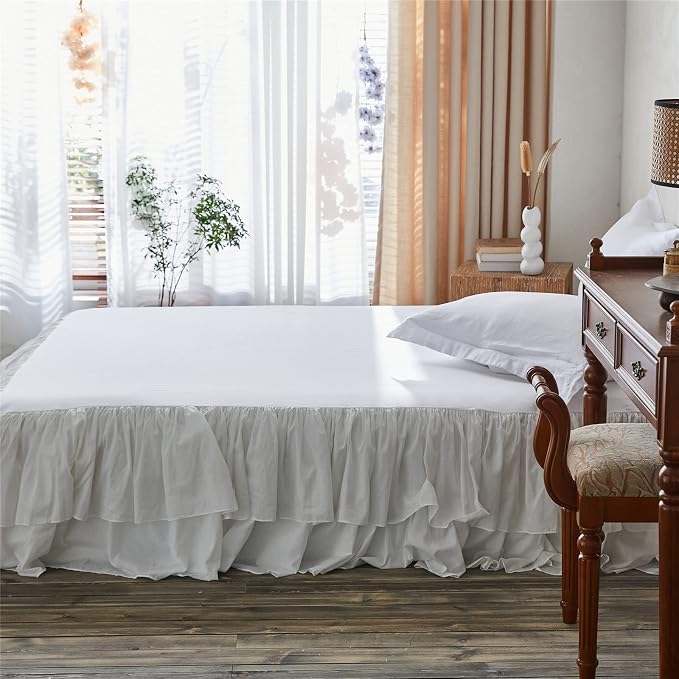 BISELINA White Ruffled Bed Skirt 18-Inch Tailored Drop Cotton Voile Dust Ruffle Soft Cozy Elegant Luxurious Bedding (18" King, White)