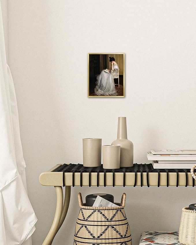 AIMAILON Frame White Dress Reading Girl Portrait Aesthetic Artwork, 8x10 | home decoration, gold frame, easy to hang, classical aesthetic artwork