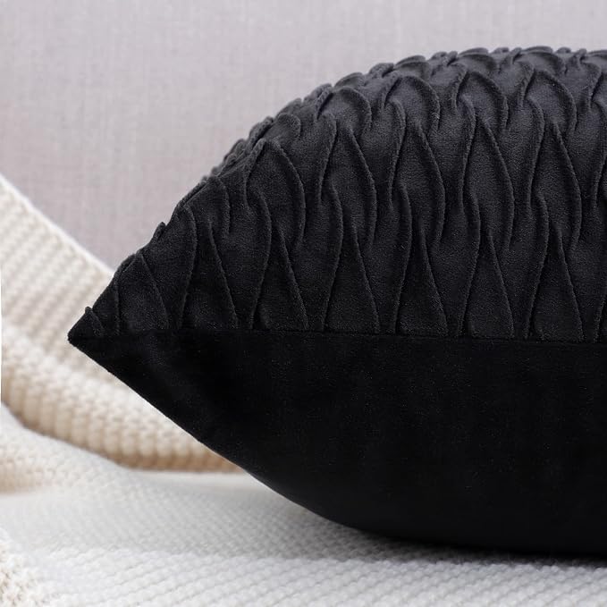 MADIZZ Set of 2 Super Soft Velvet Decorative Throw Pillow Covers 16x16 inch Black Square with Texture Luxury Style Cushion Case Pillow Shell for Sofa Bedroom