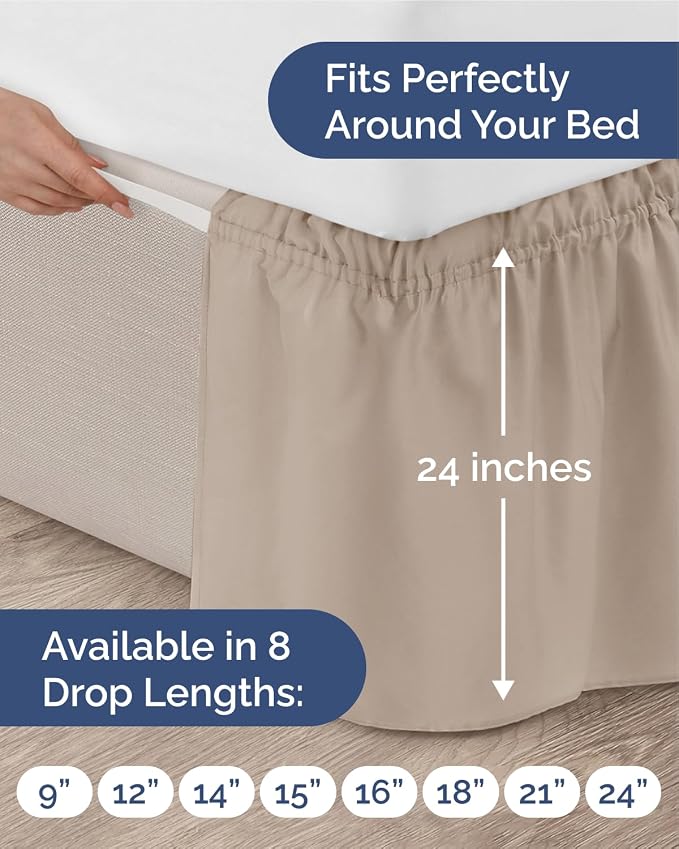 Wrap Around Dust Ruffle Bed Skirt - Wheat - for Queen Size Beds w/ 24 Inch Drop - Easy Fit Elastic Strap - Adjustable Pleated Bedskirt Brushed Fabric - Wrinkle & Fade Free - Women, Men, Kids & Teens