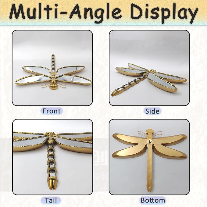 Golden Dragonfly Wall Mirror, Vintage Resin Dragonfly Mirror Wall Decor | Decorative Dragonfly Mirror Wall Sculpture, Insect Mirror Wall Decor, Wall Mounted Decor for Living Room Bedroom and Entryway