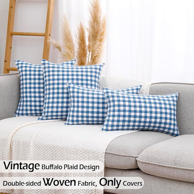Coastal Decor Light Blue Gingham Plaid Throw Pillow Covers 16x16 Set of 2 | Blue Pillow Covers 16 x 16, Vintage Farmhouse Cottage Core Decor, Blue and White Neutral, Cojines Decorativos Para Cama