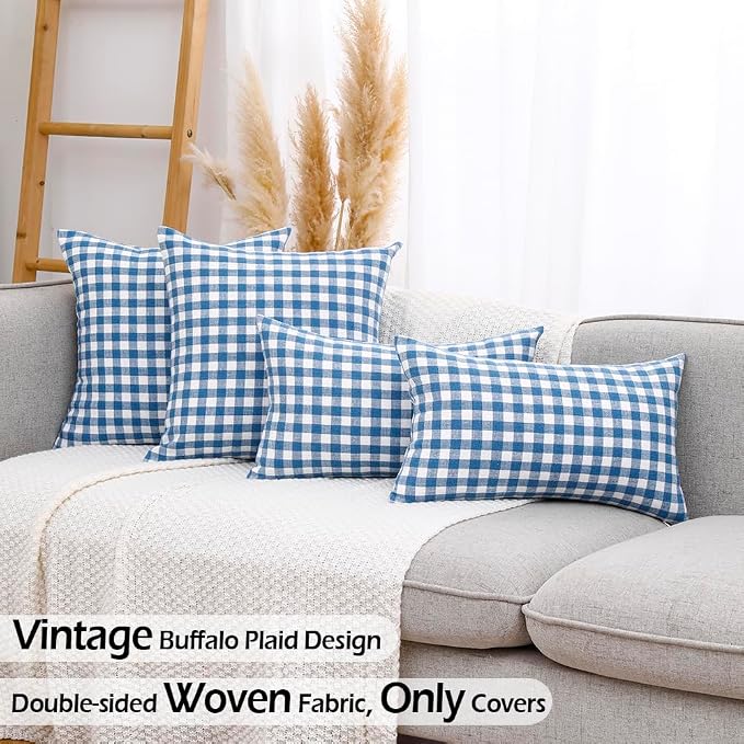 Coastal Decor Light Blue Gingham Plaid Decorative Pillow Covers 20x20 | Set of 2 Blue Pillow Covers 20 x 20, Vintage Farmhouse Cottage Core Decor for Couch Bed, Fundas Para Cojines De Sala Navidad
