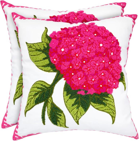 Alysheer Hydrangea Embroidered Decorative Throw Pillow Covers 18"x 18" Set of 2, Summer Floral Tufted Patterned Hot Pink Cotton Cushion Cases for Couch Bed Living Room Decor