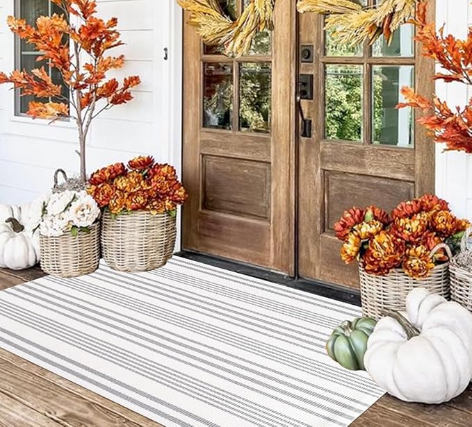 BUAGETUP Grey and White Outdoor Rug 3'x 5' Hand-Woven Cotton Washable Rug Striped Front Porch Rug Indoor/Outdoor Area Rug Floor Mat for Farmhouse/Layered Door Mats/Living Room