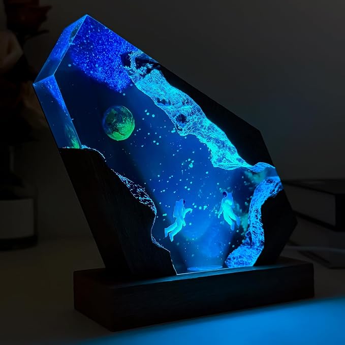 Handmade Galaxy Resin Lamp, 3D Cosmic Universe Lamp with Wooden Base