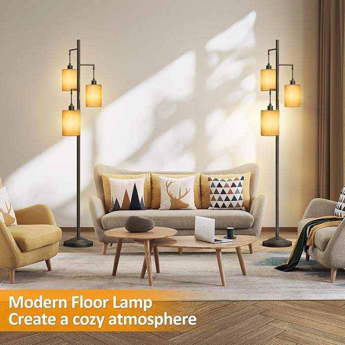 3 Lights Boho Floor Lamps with ON/Off Foot Switch Tree Standing Lamp with Hanging Lampshades Farmhouse Floor Lamp Tall Pole Lamp for Living Room Bedroom Office, 3 PCS 6W Bulbs Included