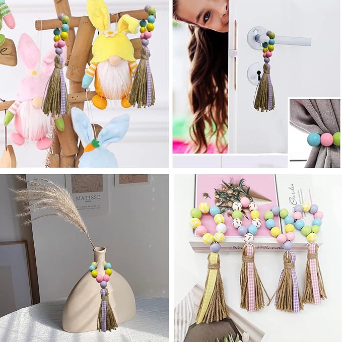 Easter Beads Garland with Tassel, 4 Pack Spring Wood Bead Garlands, Wooden Beaded Easter Boho Decor Farmhouse Rustic Home Wall Hanging Decorations for Tiered Tray Shelf Holiday Party, 34"