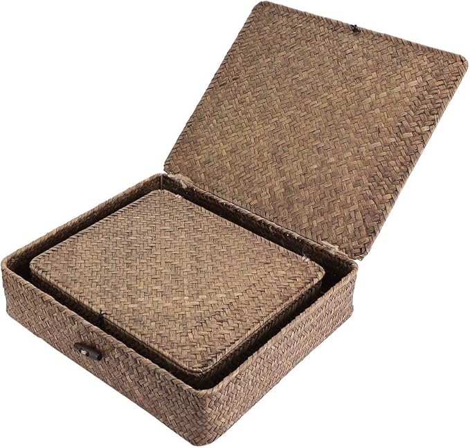 Hipiwe Set of 2 Flat Woven Wicker Storage Bins with Lid Seagrass Basket | Natural Decorative Baskets Multipurpose Home Boxes for Shelf Organizer Home Decor (Coffee)