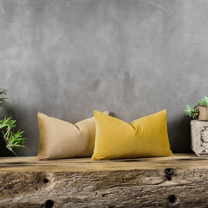 Khaki Decorative Lumbar Velvet Throw Pillow Covers 16x24 inch Set of 2 with Zipper Luxury Soft Solid Rectangle Cushion Covers Case for Sofa Couch Bed Living Room