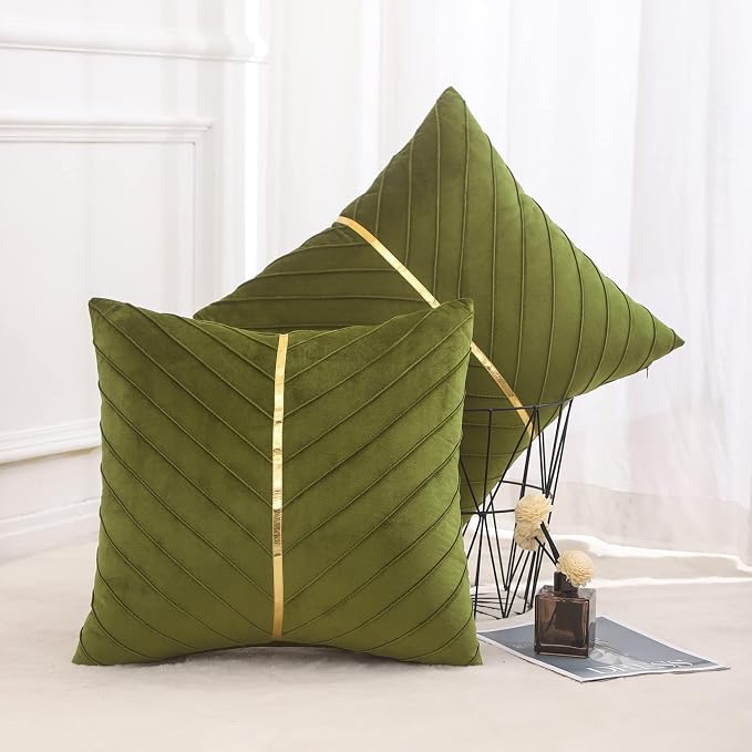 Velvet Throw Pillow Covers 16x16 Pack of 2 Gold Decor Olive Green