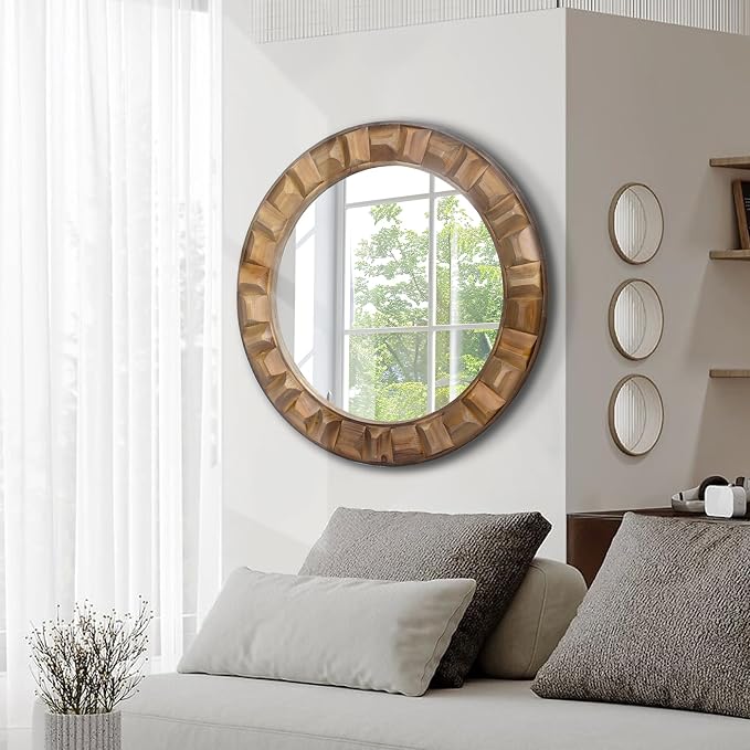 30 Inch Dark Solid Wood Round Wall Mirror | Brown Wooden Decorative Circle Mirror for Bathroom, Bedroom, Living Room, Entryway, Hallway, or Foyer