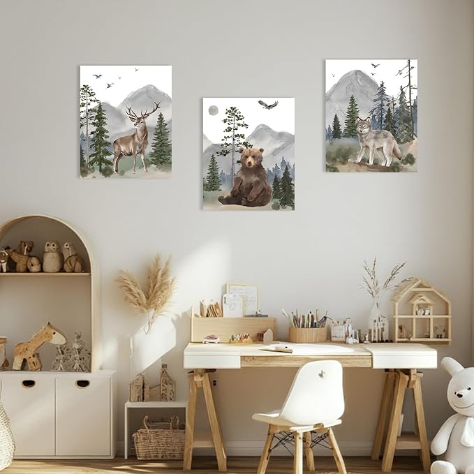 1 KINGO Woodland Animal Nursery Wall Art: 16"x24" Forest Wildlife Prints Canvas Posters Set of 3, Wolf Bear Elk Pictures Nursery Wall Decor for Kids' Bedroom, Boys & Girls Room