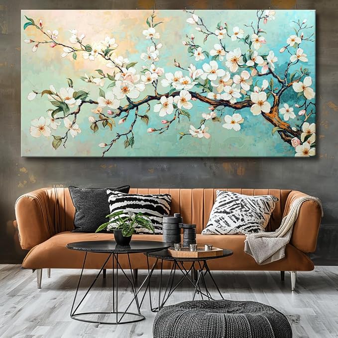 Large White Prunus mume Flower Wall Art Elegant Flower Framed Floral Canvas Print for Living Room, Bedroom, Dining Room, Home Office Modern Ready to Hang Home Decor - 24"x48"
