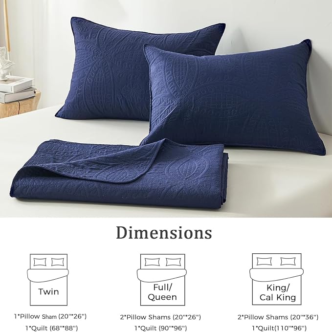 akkialla King Quilt Bedding Set,Navy Blue Ultrasonic King/Cal King Quilt Set,Lightweight Soft Bedspread Coverlet,Modern Style Coin Pattern Bed Cover for All Seasons,3 Piece(1 Quilt,2 Pillow Shams)