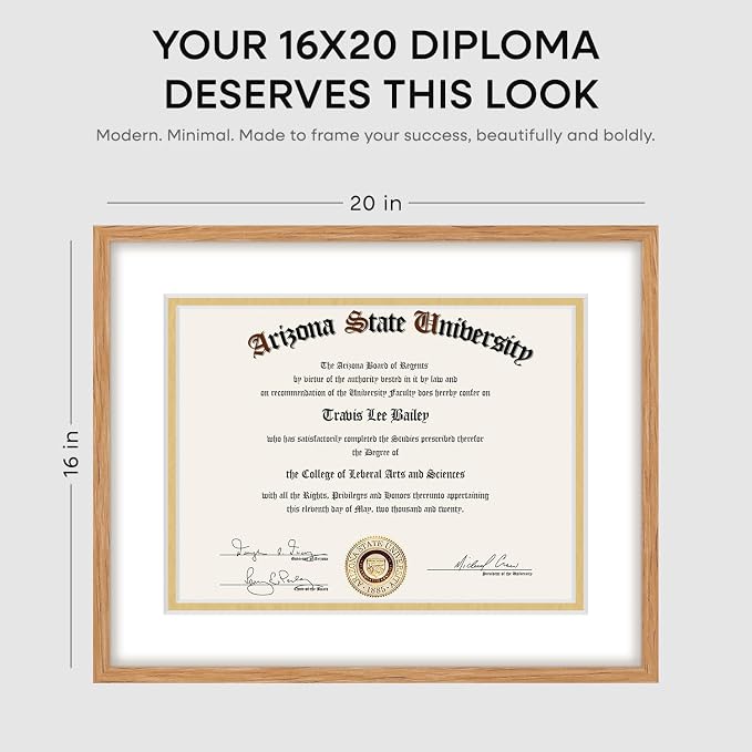 Homeforia 16x20 Natural Oak Diploma Frame, High-End Wood, 14x17 Mat, Glass