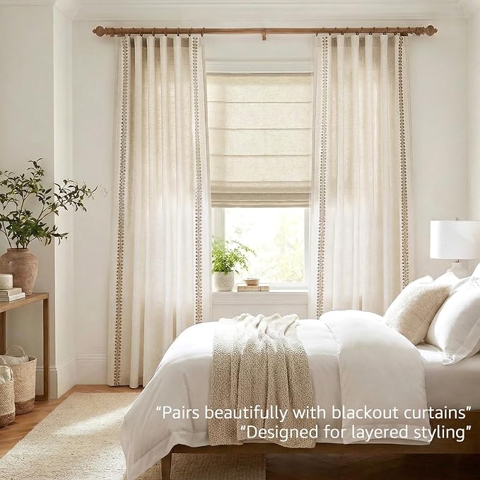 jinchan Beige Linen Curtains with Woven Trim Back Tab 50 x 84 Inch 2 Panels | Semi sheer light filtering, modern farmhouse curtains for living room and bedroom, back tab rod pocket, machine washable