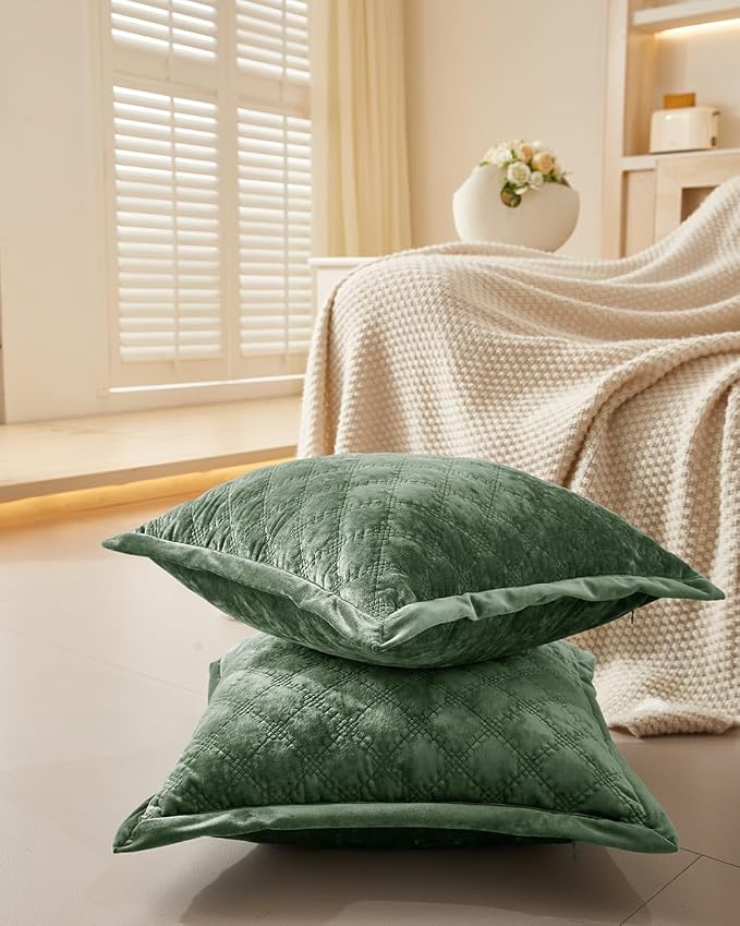 Throw Pillow Covers 18x18 Set of 2 Velvet Square Pillowcases Soft Skin-Friendly Cross Process Decorative Farmhouse Cushion Covers for Couch Sofa Bedroom Living Room,Green