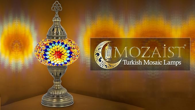 Turkish Mosaic Lamp with Bulb – Handmade Star Fire Stained Glass Table Light, Antique Bohemian Vintage Decor for Bedroom or Living Room, E12 Socket