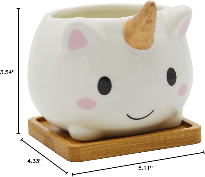 Cuteforyou Succulent Pots,Cute Animal Shaped Cartoon Ceramic Succulent Cactus Flower Planters with Bamboo Tray -Plant Not Included (Elf)