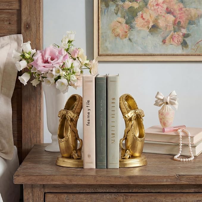 Bookends for Shelves, Ballet Slipper Decorative Bookends - Book Ends with Anti-Slip Pad for Book Lovers Dancers Heavy Book Holder for Home Office Decor (Gold)