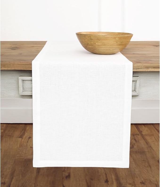 Solino Home 100% Pure Linen Table Runner White Extra Long, Fete 14 x 144 in | brings a tailored look to family meals and hosting, European flax fibres, handloomed texture, soft, fine, OEKO-TEX Certified