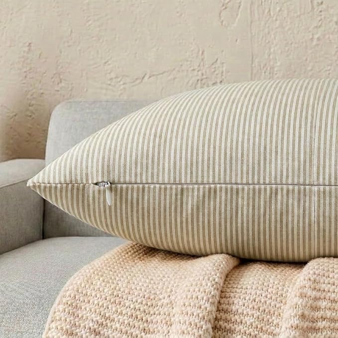 Farmhouse Brown Khaki Striped Lumbar Decorative Pillow Cover 12x20 Set of 2