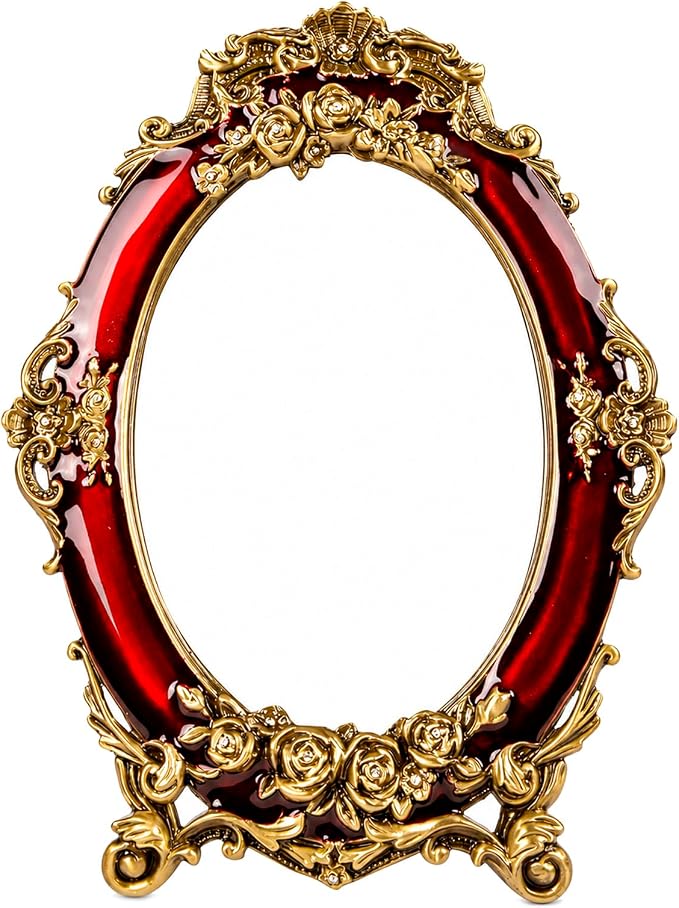 Vintage Vanity Makeup Mirror for Desk - Antique Small Table Decor, Red | Art Nouveau Decorative with Stand, Frame for Tabletop Office Bedroom Furniture Room Bathroom Home Wall Dresser Accessories