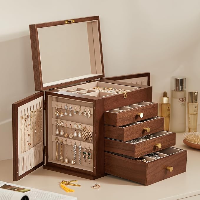 Black Walnut Wooden Jewelry Box for Women, 5 Layer | With Mirror, Lockable Top Lid, Velvet-Lined, Large Wood Jewelry Organizer For Watch Necklace Ring Earring, Gift
